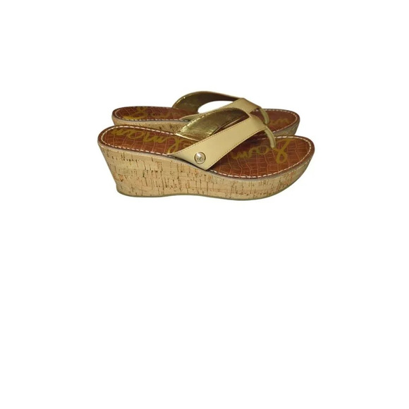 Sam Edelman Wedge Sandals Womens Size 8.5 M Romy Patent Leather Tan Flip Flop - Picture 3 of 12